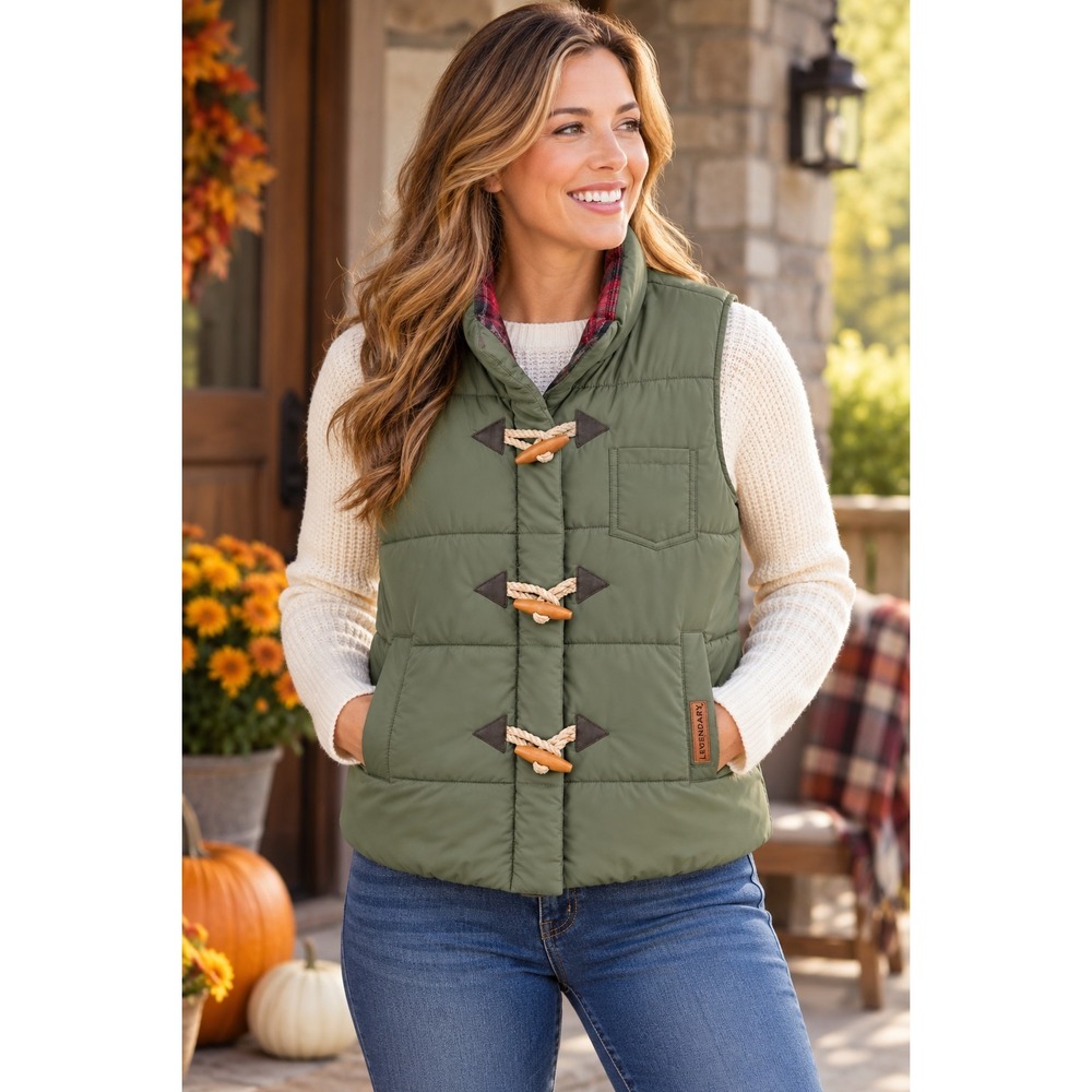 Legendary Whitetails Women's S Olive Green Puffer Vest Full Zip Toggle Buttons